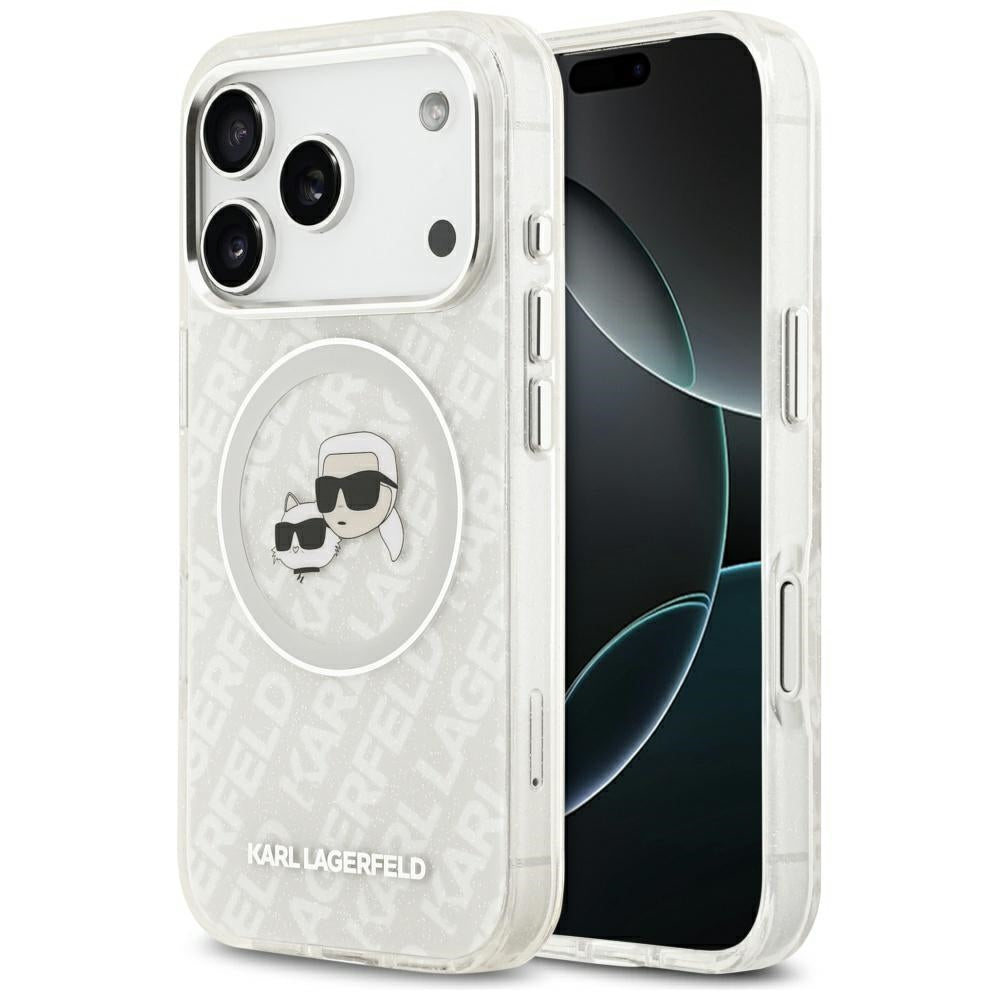 Puzdro MagSafe pre Apple iPhone 17 Pro, Karl Lagerfeld, Glitter Karl & Choupette Head, Biela
