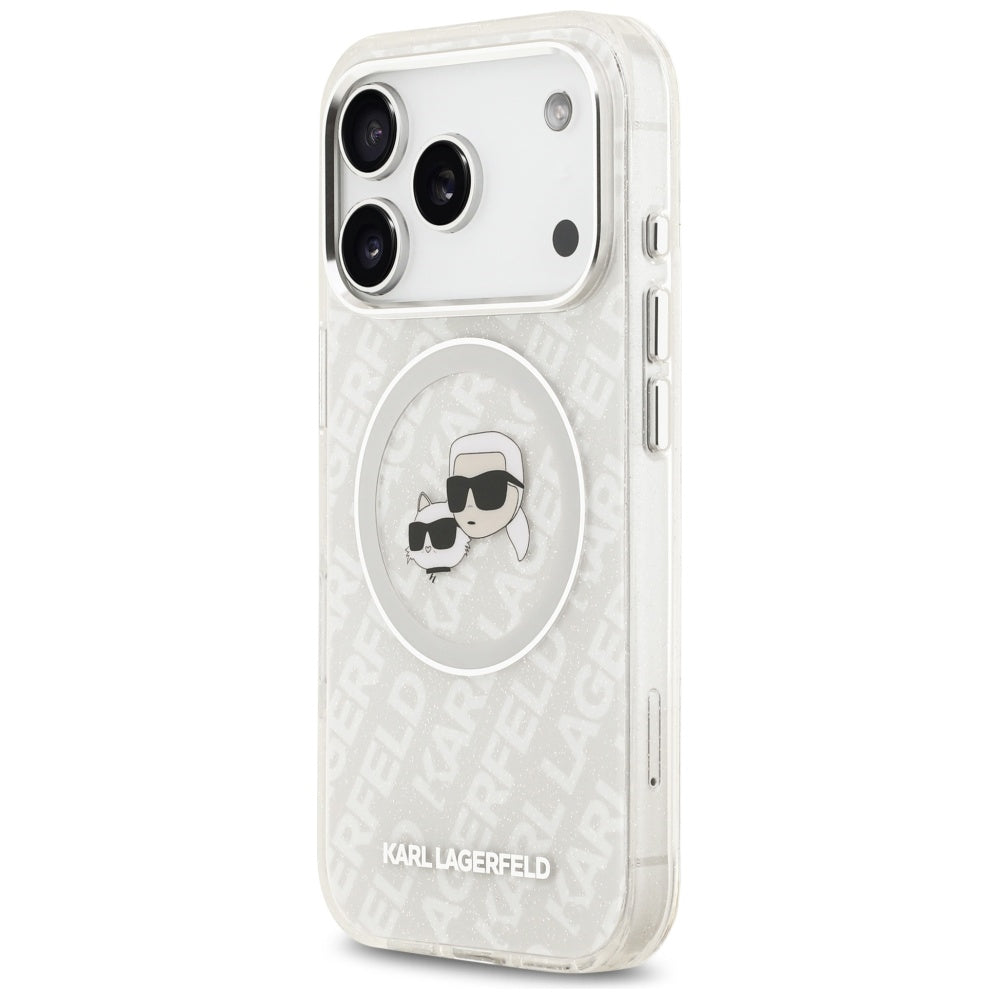 Puzdro MagSafe pre Apple iPhone 17 Pro, Karl Lagerfeld, Glitter Karl & Choupette Head, Biela
