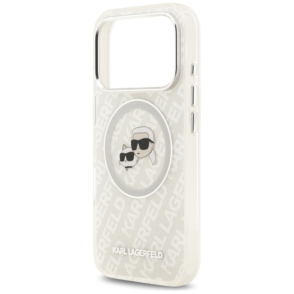 Puzdro MagSafe pre Apple iPhone 17 Pro, Karl Lagerfeld, Glitter Karl & Choupette Head, Biela