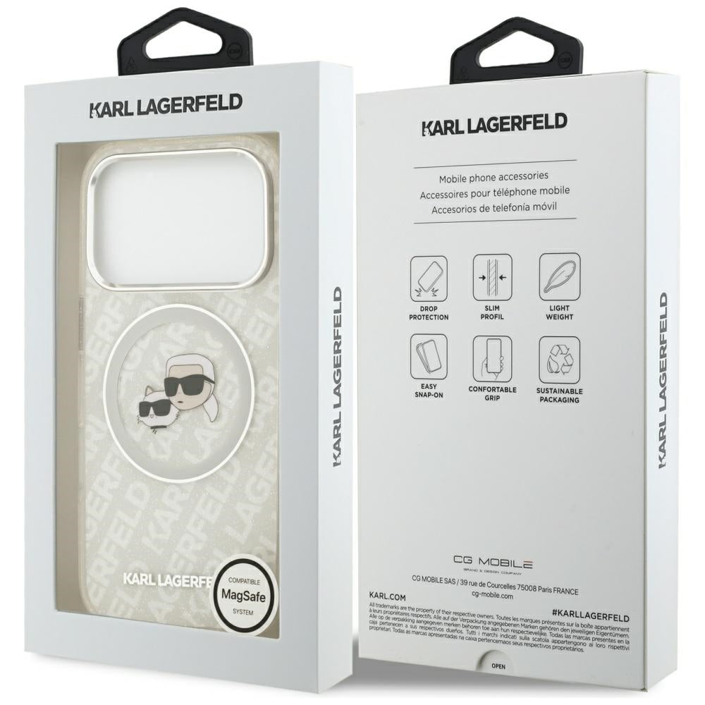 Puzdro MagSafe pre Apple iPhone 17 Pro, Karl Lagerfeld, Glitter Karl & Choupette Head, Biela