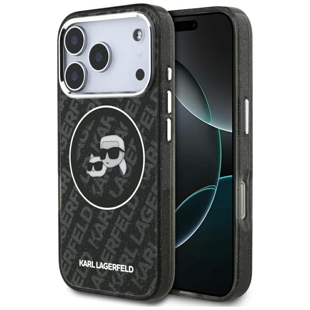 Puzdro MagSafe pre Apple iPhone 17 Pro, Karl Lagerfeld, Glitter Karl & Choupette Head, Čierne
