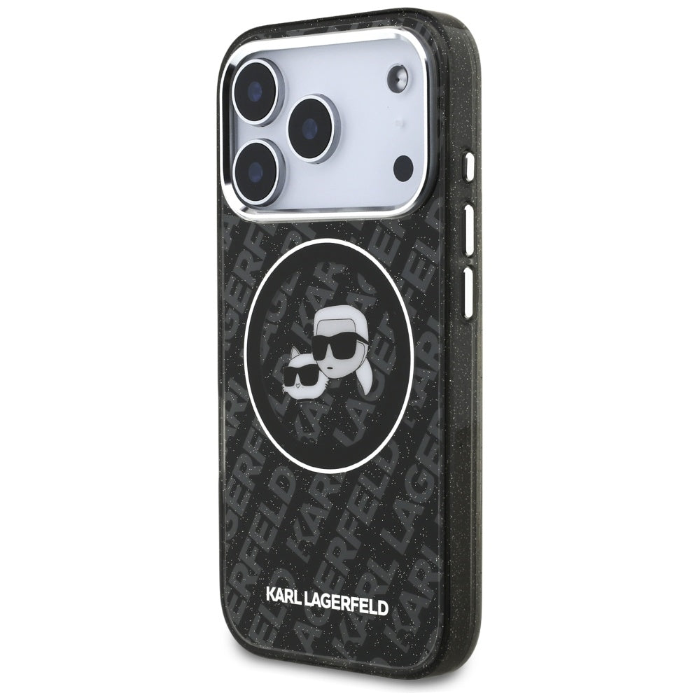Puzdro MagSafe pre Apple iPhone 17 Pro, Karl Lagerfeld, Glitter Karl & Choupette Head, Čierne