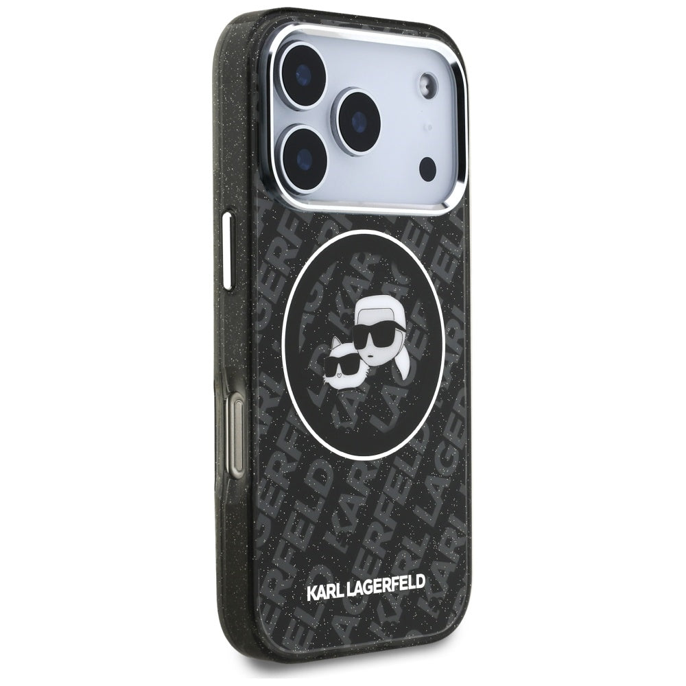 Puzdro MagSafe pre Apple iPhone 17 Pro, Karl Lagerfeld, Glitter Karl & Choupette Head, Čierne