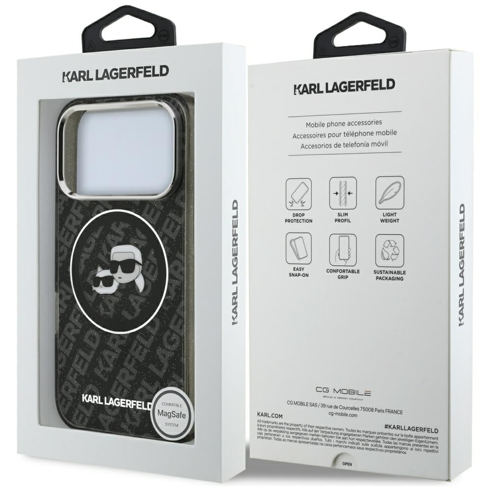 Puzdro MagSafe pre Apple iPhone 17 Pro, Karl Lagerfeld, Glitter Karl & Choupette Head, Čierne