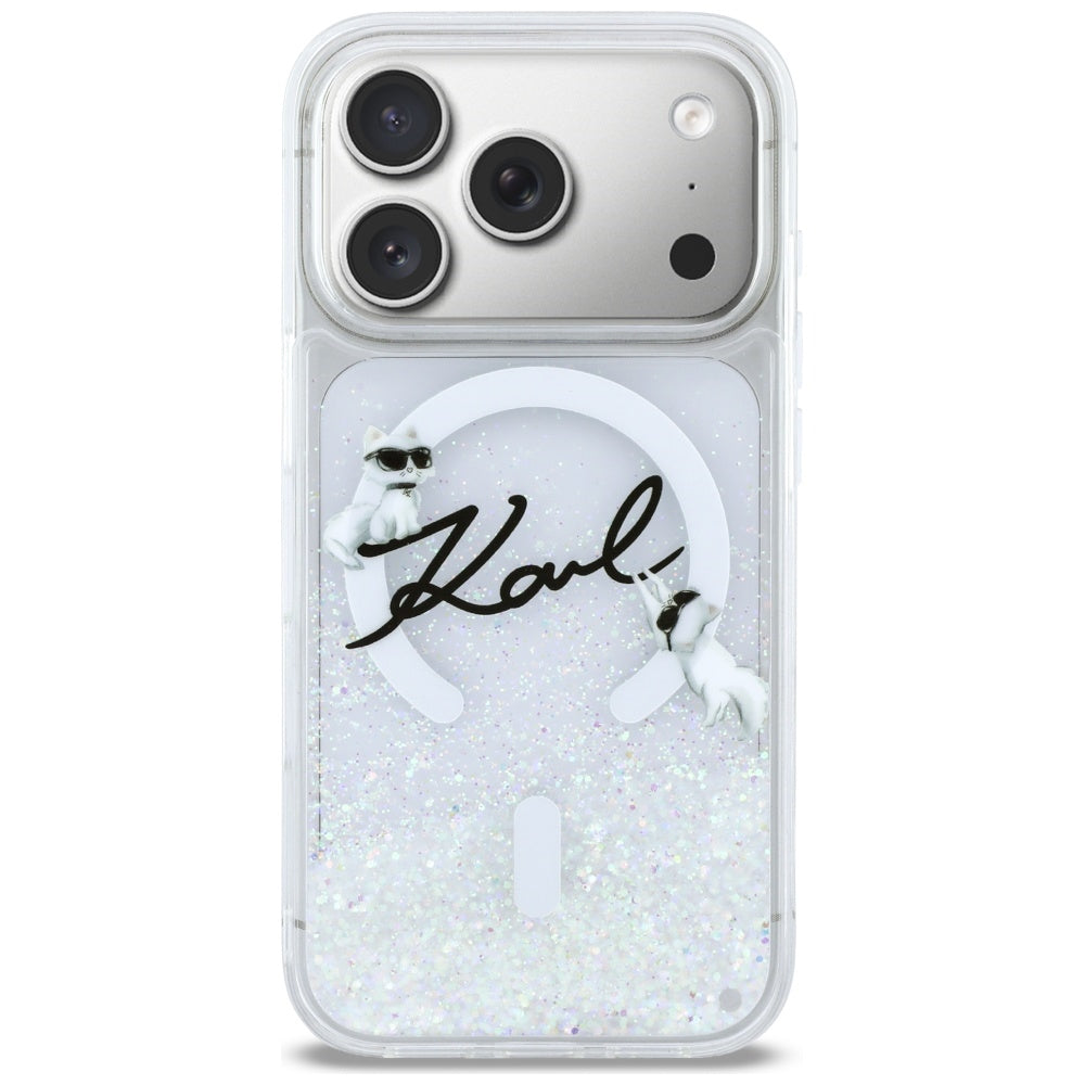 Puzdro MagSafe pre Apple iPhone 17 Pro, Karl Lagerfeld, Glitter Karl Script Logo, Transparentné