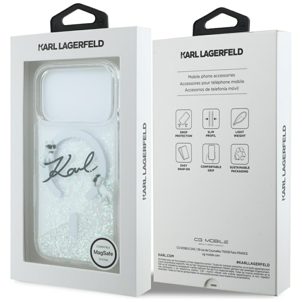 Puzdro MagSafe pre Apple iPhone 17 Pro, Karl Lagerfeld, Glitter Karl Script Logo, Transparentné