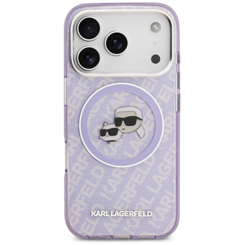 Puzdro MagSafe pre Apple iPhone 17 Pro, Karl Lagerfeld, IML Glitter Karl & Choupette`s Heads, Fialové