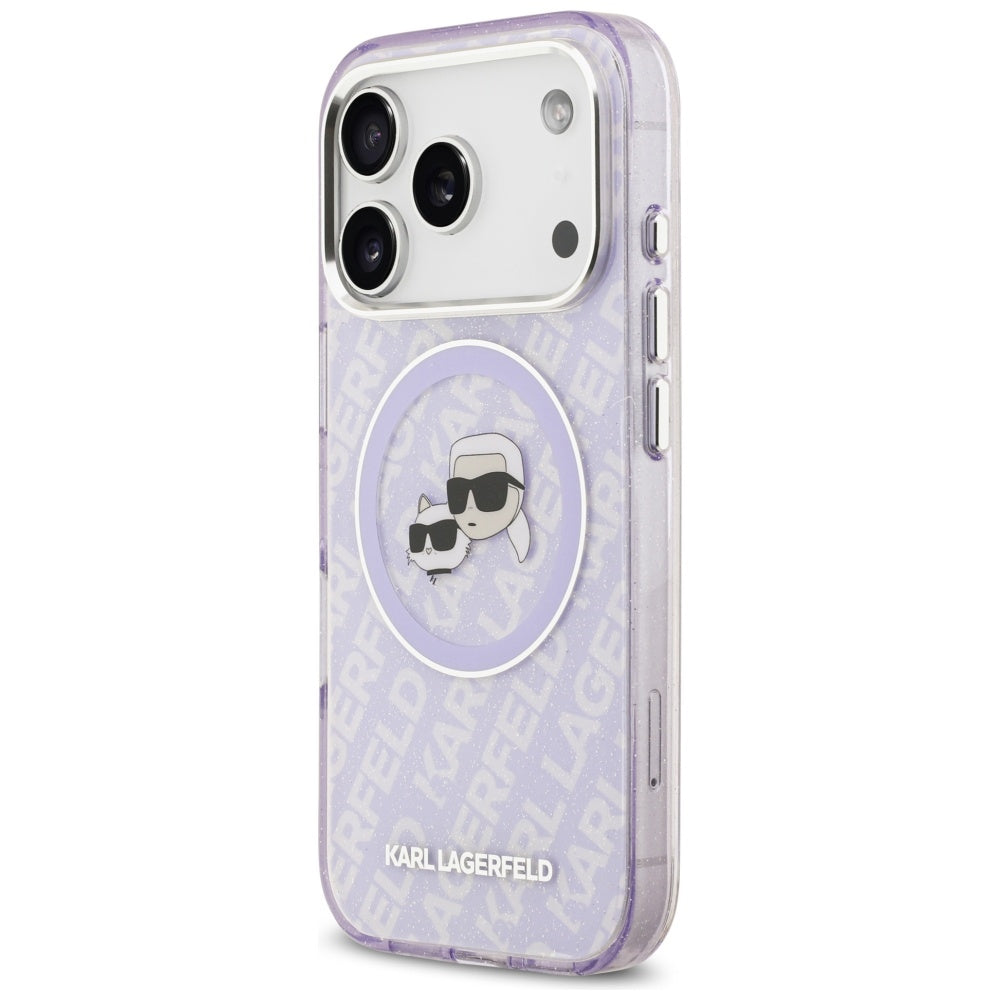 Puzdro MagSafe pre Apple iPhone 17 Pro, Karl Lagerfeld, IML Glitter Karl & Choupette`s Heads, Fialové