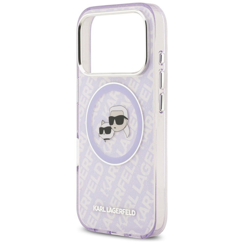 Puzdro MagSafe pre Apple iPhone 17 Pro, Karl Lagerfeld, IML Glitter Karl & Choupette`s Heads, Fialové
