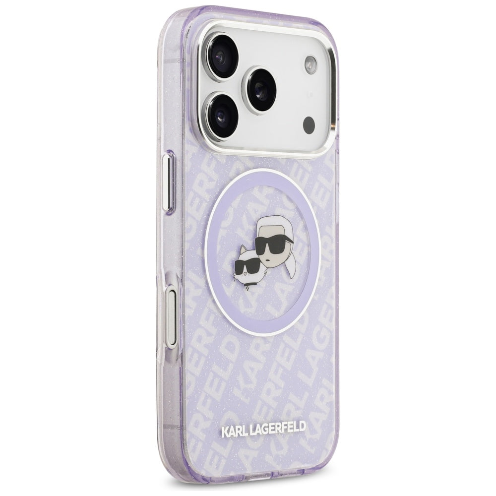 Puzdro MagSafe pre Apple iPhone 17 Pro, Karl Lagerfeld, IML Glitter Karl & Choupette`s Heads, Fialové