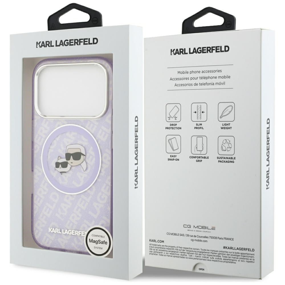Puzdro MagSafe pre Apple iPhone 17 Pro, Karl Lagerfeld, IML Glitter Karl & Choupette`s Heads, Fialové