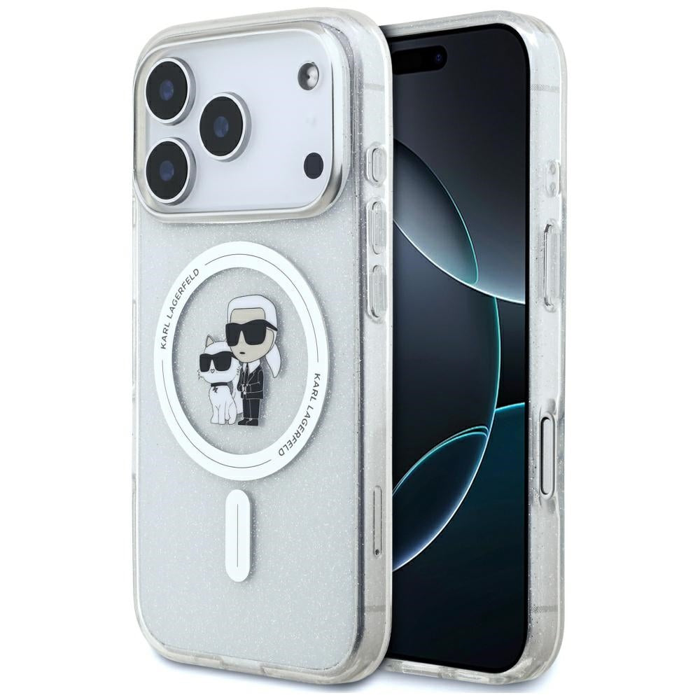 Puzdro MagSafe pre Apple iPhone 17 Pro, Karl Lagerfeld, IML Glitter Karl & Choupette, Transparentné