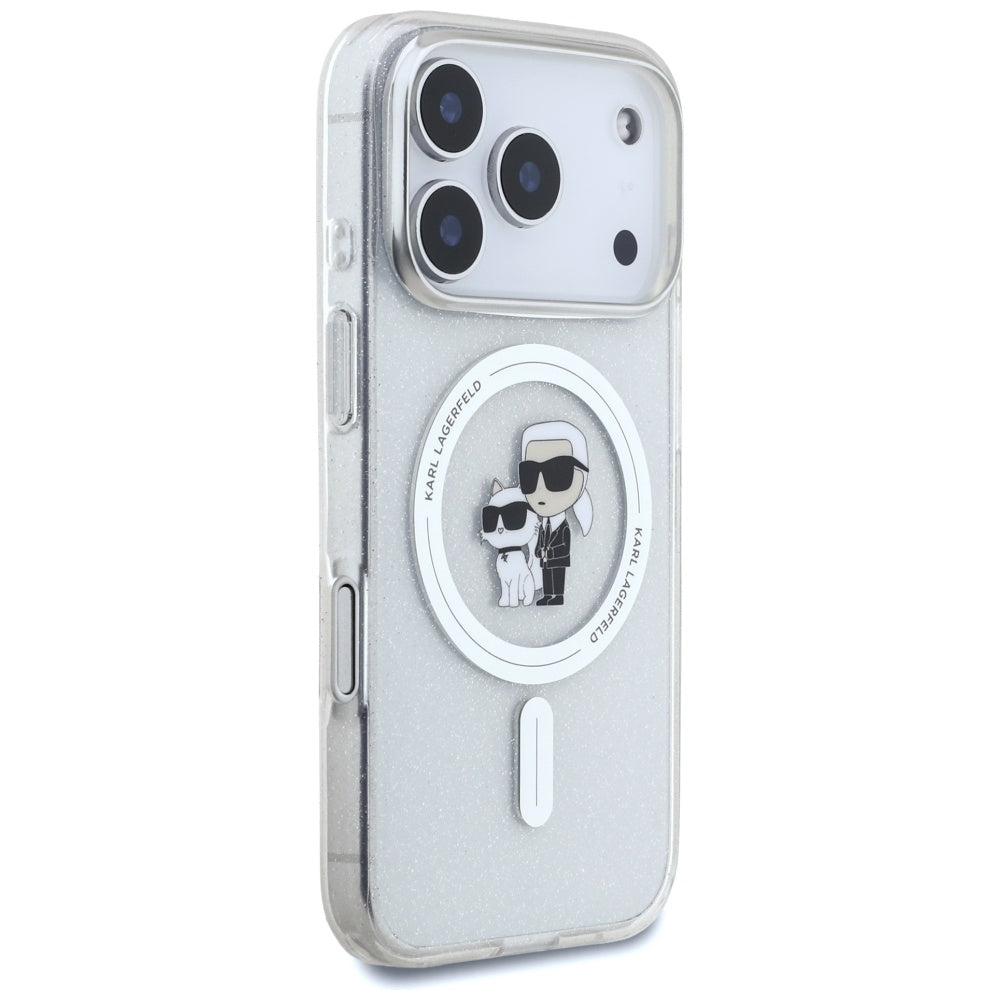 Puzdro MagSafe pre Apple iPhone 17 Pro, Karl Lagerfeld, IML Glitter Karl & Choupette, Transparentné