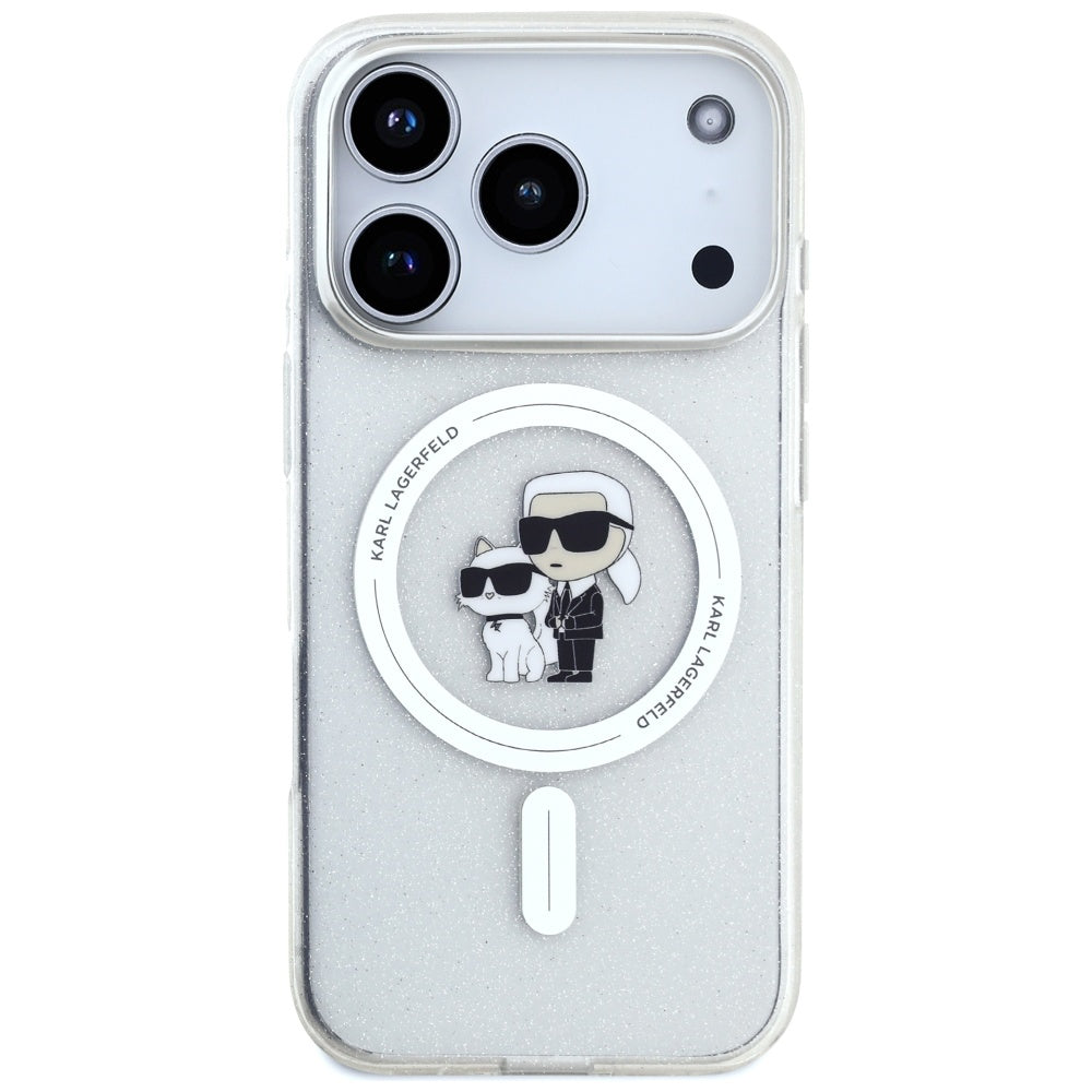 Puzdro MagSafe pre Apple iPhone 17 Pro, Karl Lagerfeld, IML Glitter Karl & Choupette, Transparentné