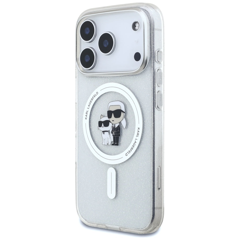 Puzdro MagSafe pre Apple iPhone 17 Pro, Karl Lagerfeld, IML Glitter Karl & Choupette, Transparentné