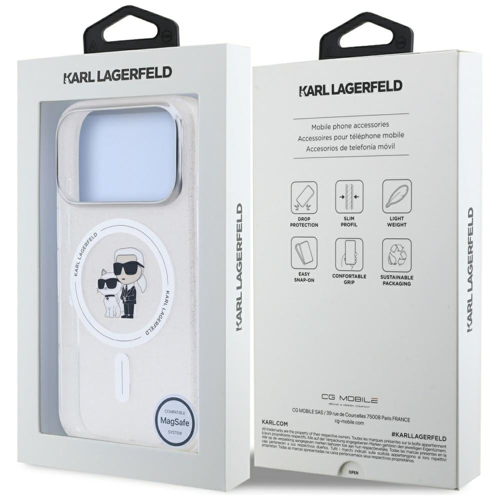 Puzdro MagSafe pre Apple iPhone 17 Pro, Karl Lagerfeld, IML Glitter Karl & Choupette, Transparentné
