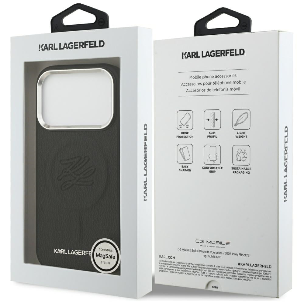 Puzdro MagSafe pre Apple iPhone 17 Pro, Karl Lagerfeld, Initial & Metal Logo, Čierne
