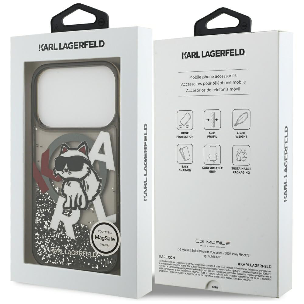 Puzdro MagSafe pre Apple iPhone 17 Pro, Karl Lagerfeld, Liquid Glitter Choupette Logo, Čierne