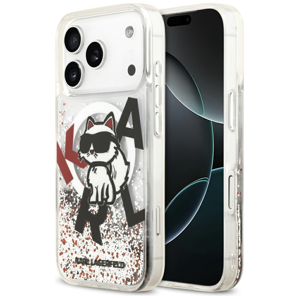 Puzdro MagSafe pre Apple iPhone 17 Pro, Karl Lagerfeld, Liquid Glitter Choupette Logo, Transparentné