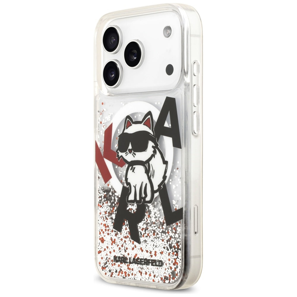 Puzdro MagSafe pre Apple iPhone 17 Pro, Karl Lagerfeld, Liquid Glitter Choupette Logo, Transparentné