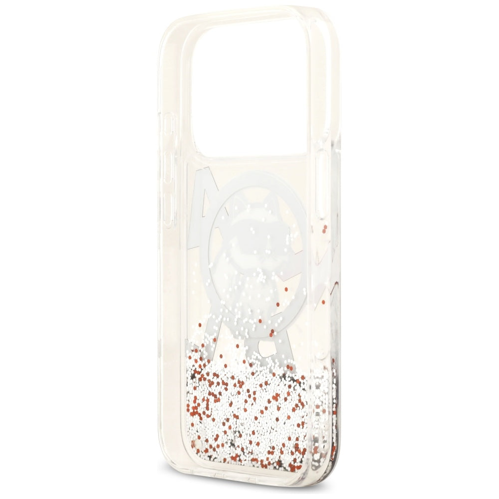 Puzdro MagSafe pre Apple iPhone 17 Pro, Karl Lagerfeld, Liquid Glitter Choupette Logo, Transparentné