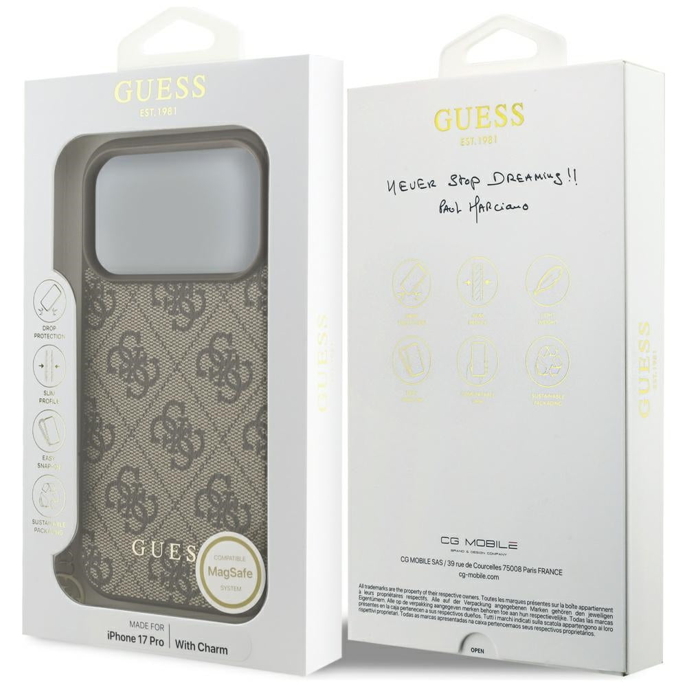 Puzdro MagSafe pre Apple iPhone 17 Pro Max, Guess, 4G Charm Cradle, Hnedá