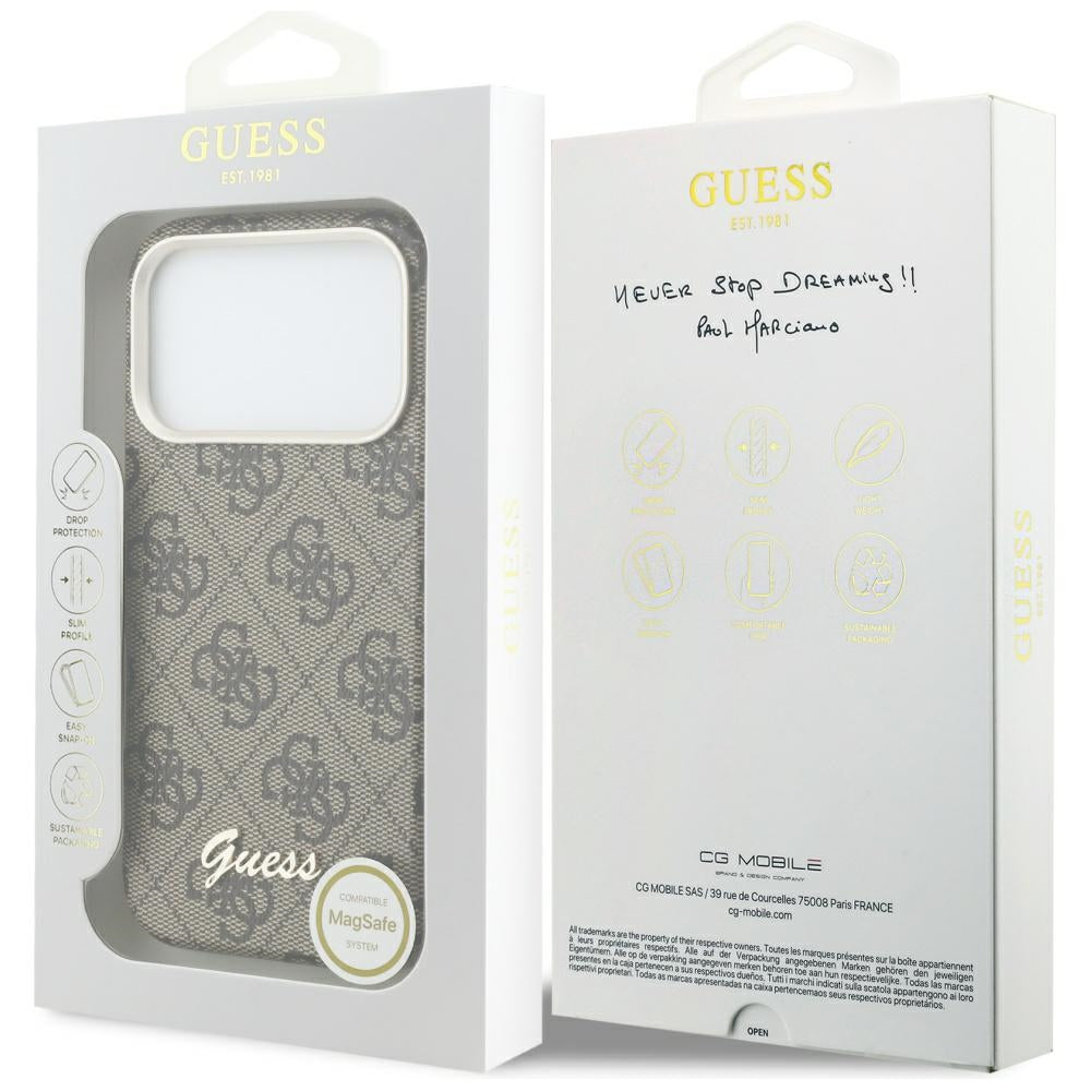Puzdro MagSafe pre Apple iPhone 17 Pro Max, Guess, 4G Script Logo, Hnedé