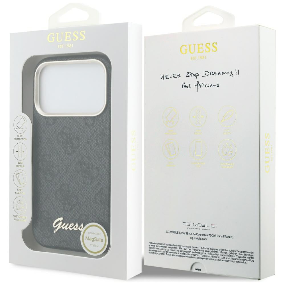 Puzdro MagSafe pre Apple iPhone 17 Pro Max, Guess, 4G Script Logo, Čierne