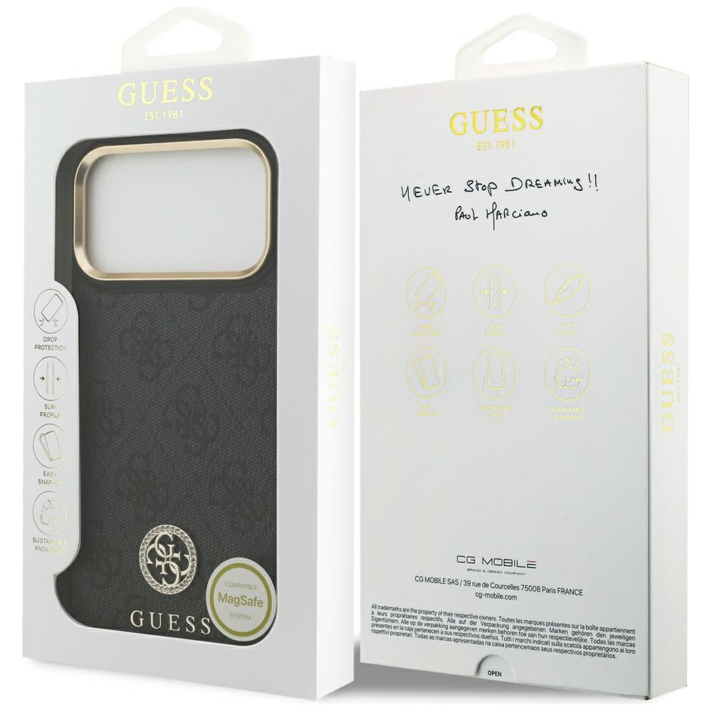 Puzdro MagSafe pre Apple iPhone 17 Pro Max, Guess, 4G Strass Logo, Čierne