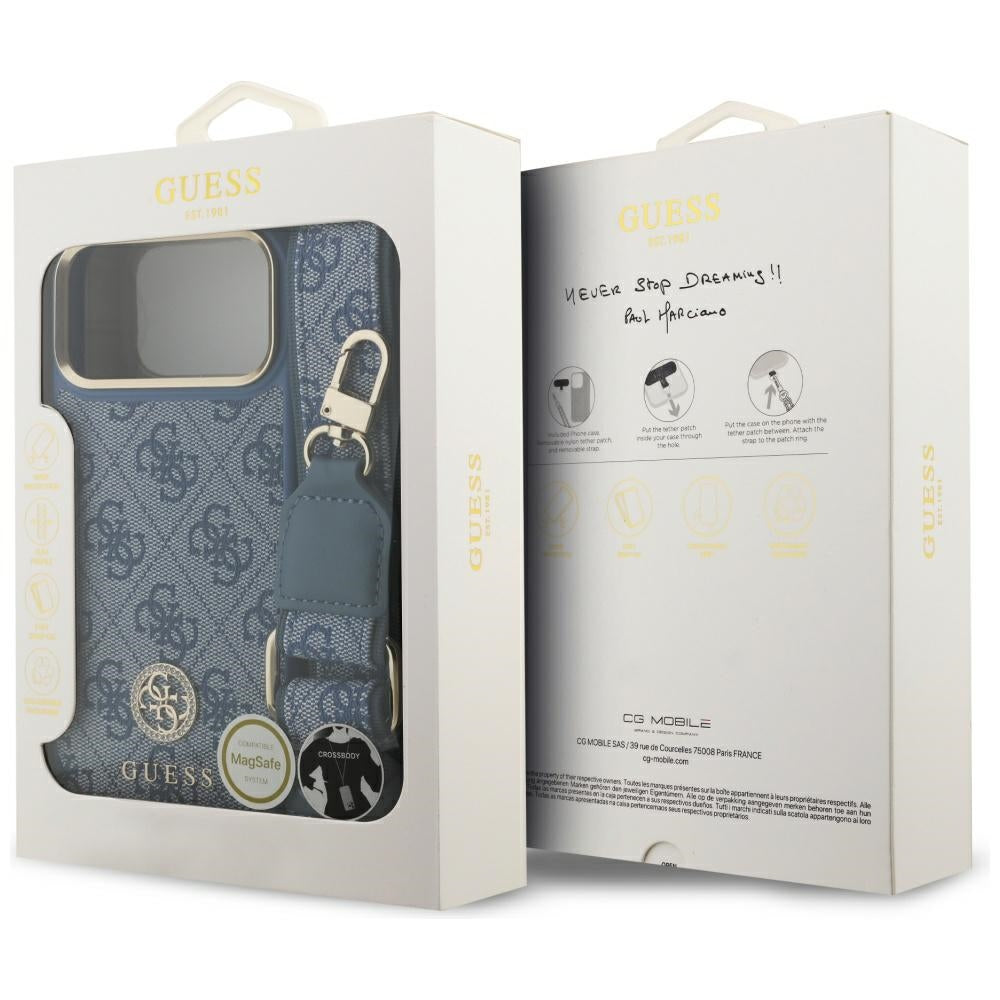 Puzdro MagSafe pre Apple iPhone 17 Pro Max, Guess, 4G Strass Logo with Big Strap, Modrá