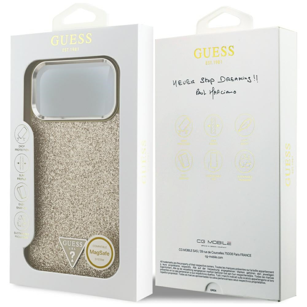 Puzdro MagSafe pre Apple iPhone 17 Pro Max, Guess, Glitter Triangle Logo, Zlaté