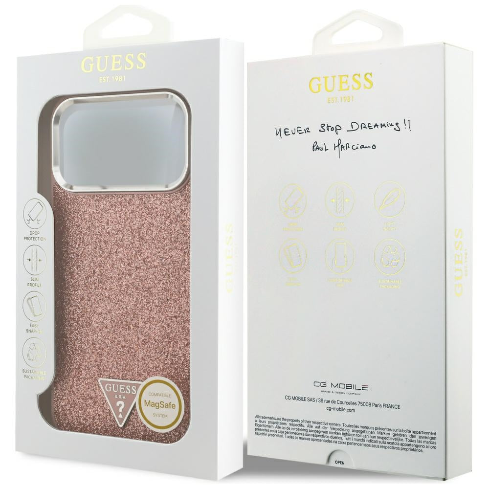 Puzdro MagSafe pre Apple iPhone 17 Pro Max, Guess, Glitter Triangle Logo, Ružová