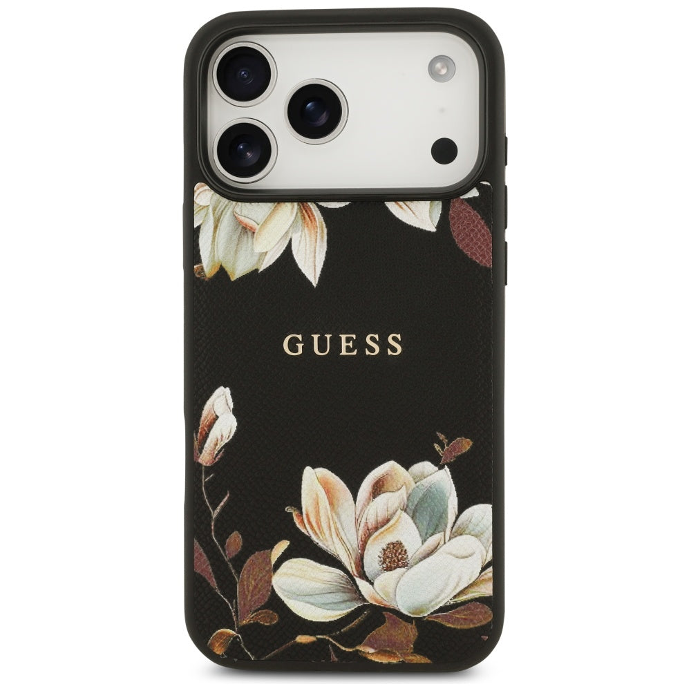 Puzdro MagSafe pre Apple iPhone 17 Pro Max, Guess, Grained Flowers, Čierne