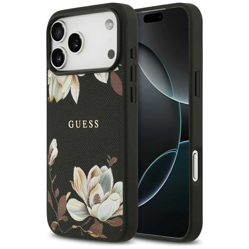 Puzdro MagSafe pre Apple iPhone 17 Pro Max, Guess, Grained Flowers, Čierne