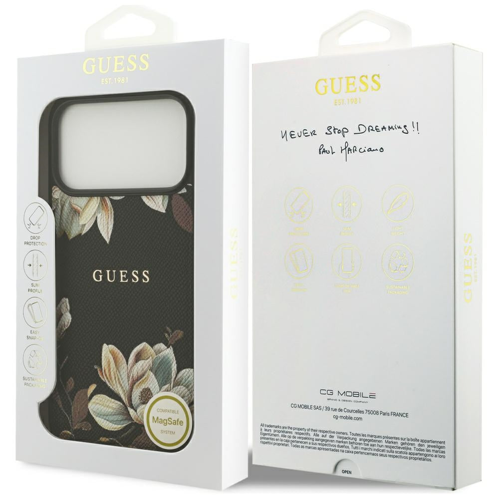 Puzdro MagSafe pre Apple iPhone 17 Pro Max, Guess, Grained Flowers, Čierne