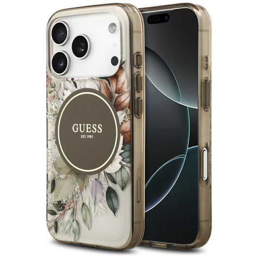 Puzdro MagSafe pre Apple iPhone 17 Pro Max, Guess, IML Flower & Tonal Circle, Hnedá