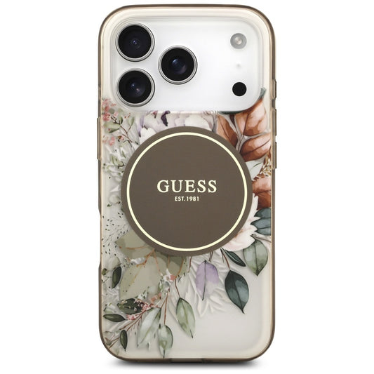 Puzdro MagSafe pre Apple iPhone 17 Pro Max, Guess, IML Flower & Tonal Circle, Hnedá