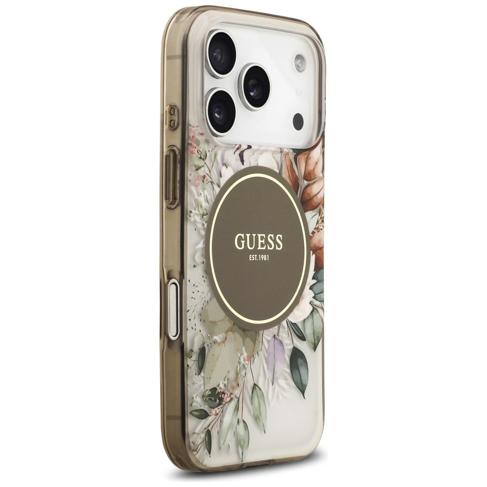 Puzdro MagSafe pre Apple iPhone 17 Pro Max, Guess, IML Flower & Tonal Circle, Hnedá