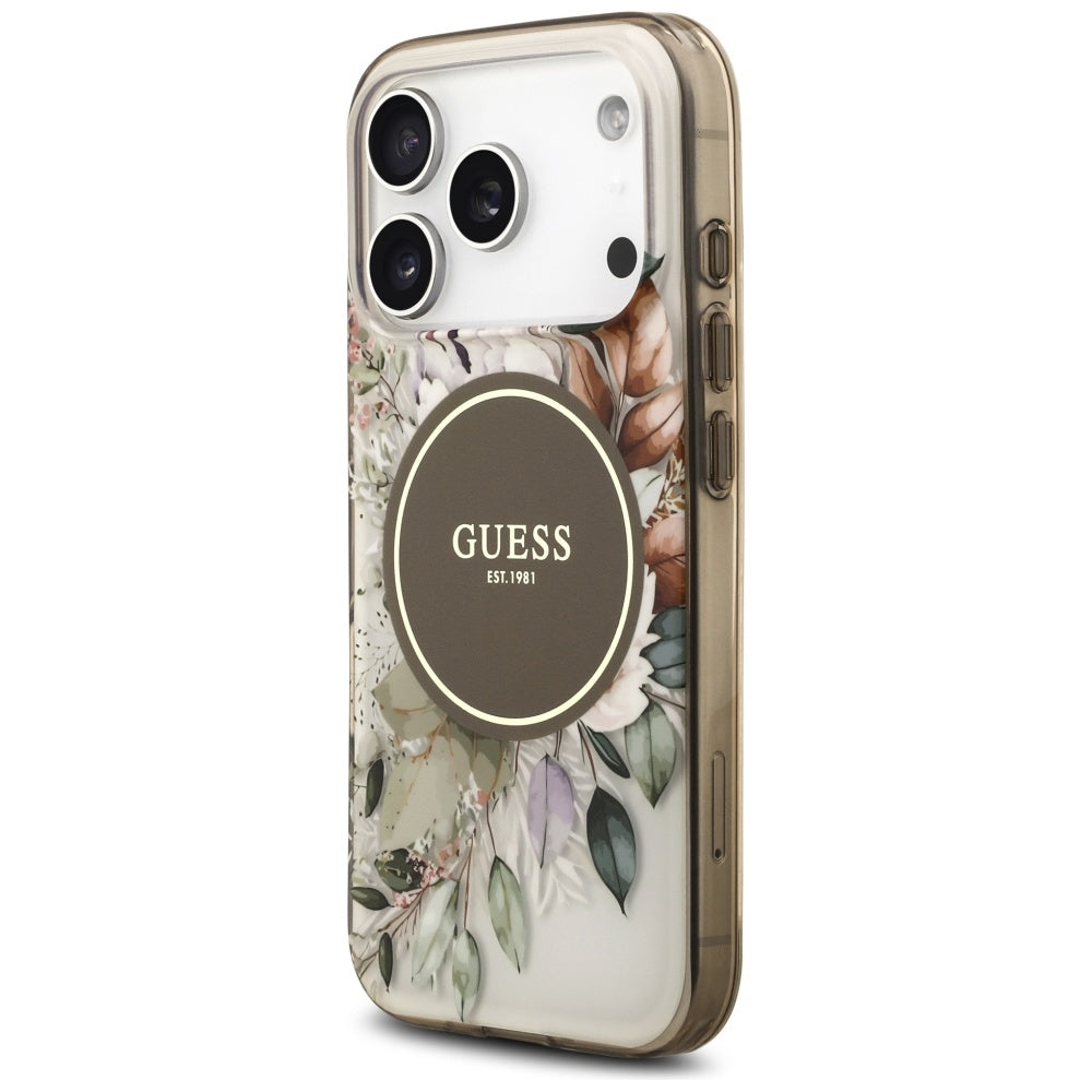 Puzdro MagSafe pre Apple iPhone 17 Pro Max, Guess, IML Flower & Tonal Circle, Hnedá