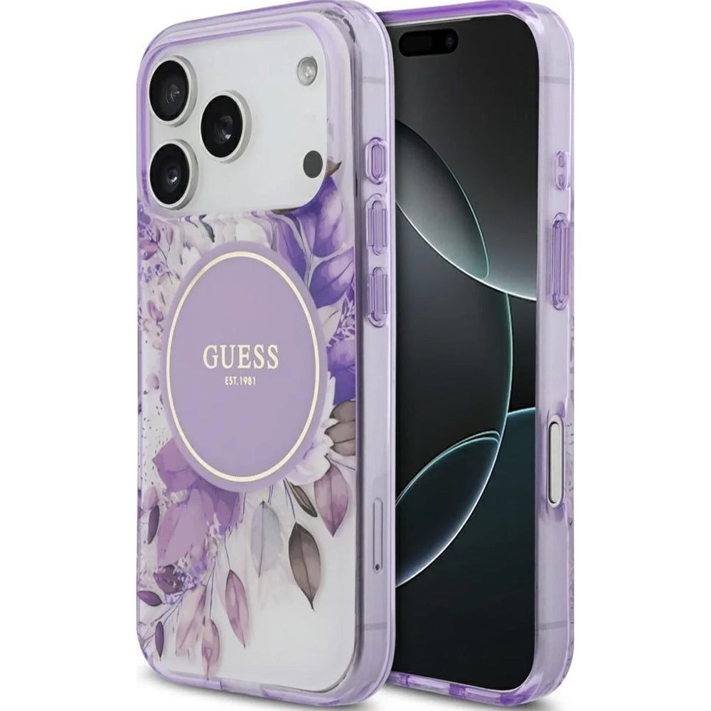 Puzdro MagSafe pre Apple iPhone 17 Pro Max, Guess, IML Flower & Tonal Circle, Fialová