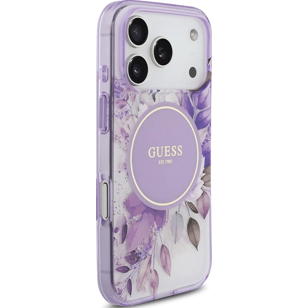 Puzdro MagSafe pre Apple iPhone 17 Pro Max, Guess, IML Flower & Tonal Circle, Fialová
