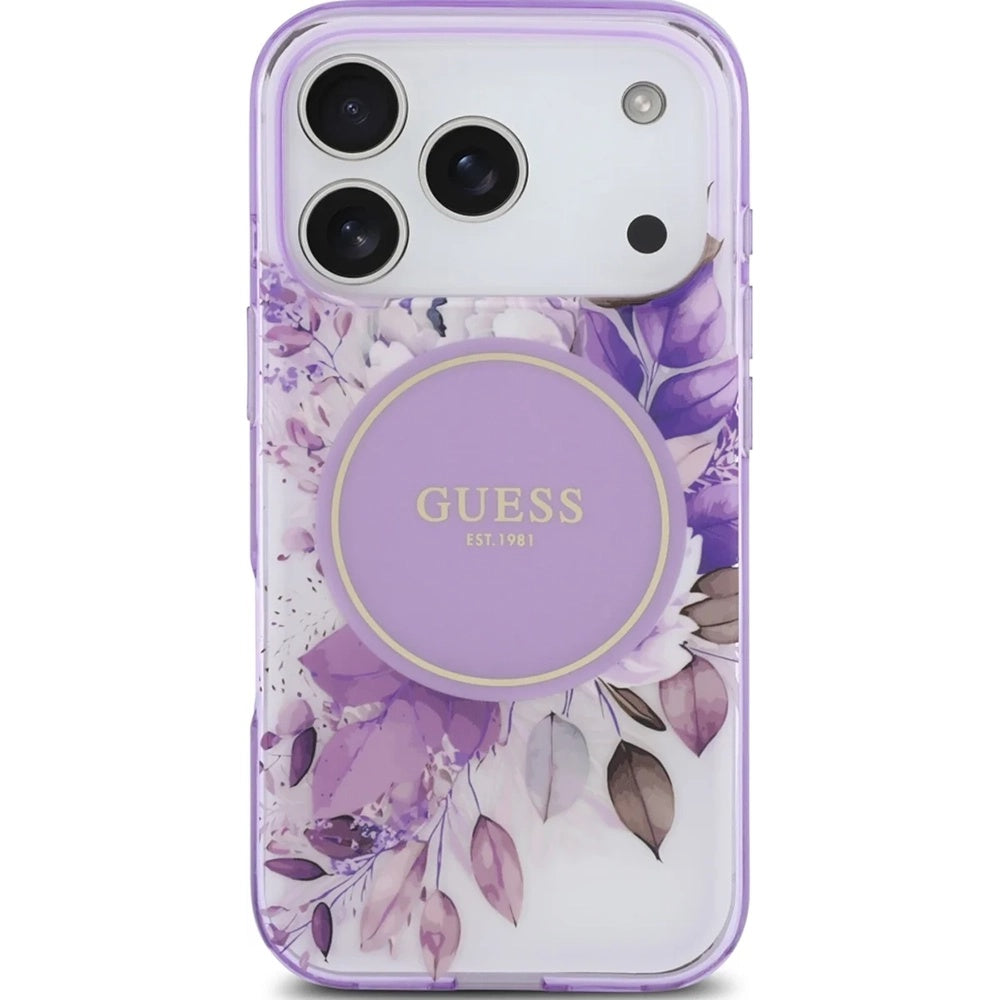 Puzdro MagSafe pre Apple iPhone 17 Pro Max, Guess, IML Flower & Tonal Circle, Fialová
