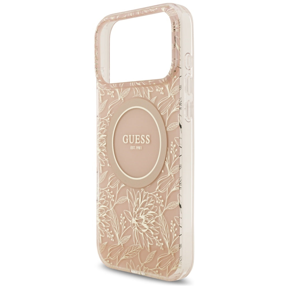 Puzdro MagSafe pre Apple iPhone 17 Pro Max, Guess, IML Flowers Allover Electroplated with Pearl Strap, Ružové