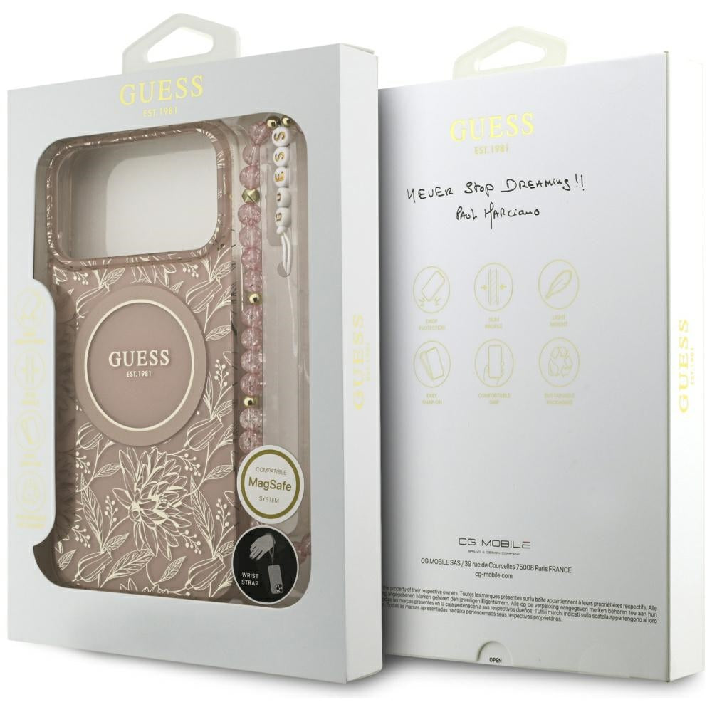 Puzdro MagSafe pre Apple iPhone 17 Pro Max, Guess, IML Flowers Allover Electroplated with Pearl Strap, Ružové