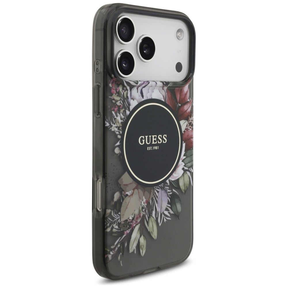 Puzdro MagSafe pre Apple iPhone 17 Pro Max, Guess, IML Flowers with Pearl Strap, Čierne