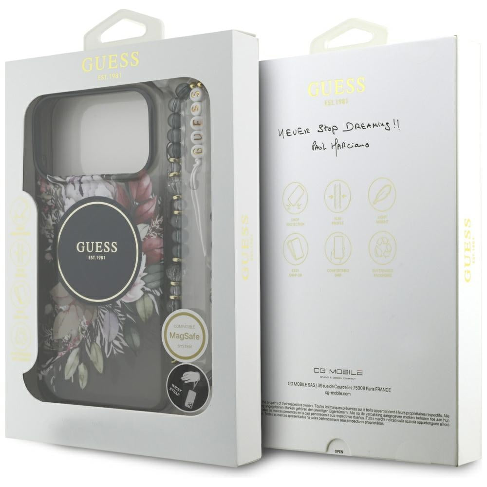 Puzdro MagSafe pre Apple iPhone 17 Pro Max, Guess, IML Flowers with Pearl Strap, Čierne