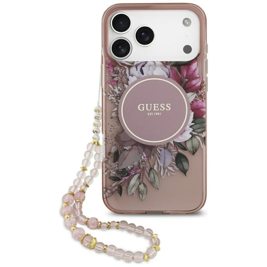 Puzdro MagSafe pre Apple iPhone 17 Pro Max, Guess, IML Flowers with Pearl Strap, Ružové