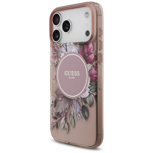 Puzdro MagSafe pre Apple iPhone 17 Pro Max, Guess, IML Flowers with Pearl Strap, Ružové