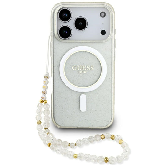 Puzdro MagSafe pre Apple iPhone 17 Pro Max, Guess, IML Glitter with Pearl Strap, Transparent