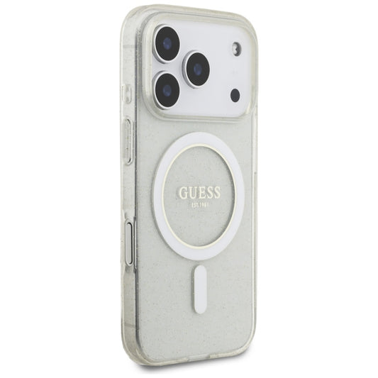 Puzdro MagSafe pre Apple iPhone 17 Pro Max, Guess, IML Glitter with Pearl Strap, Transparent